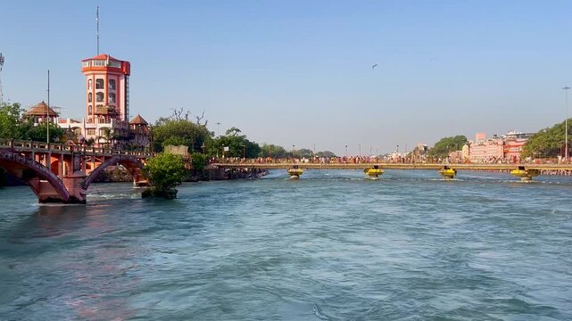 View of holy river Ganga in Haridwar, spiritual city, Indian temples, Haridwar in Uttarakhand, India
