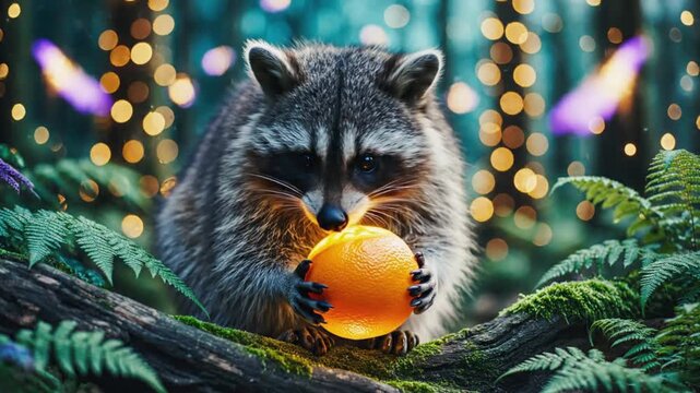A raccoon holds an orange in a forest with ferns and lights.