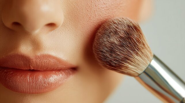 Close-up of a woman's face as a makeup brush applies blush to her cheekbone