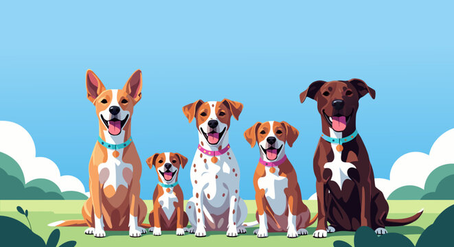 A happy and diverse group of pet dogs, a joyful canine family portrait rendered in a charming and clean vector illustration style on a sunny day