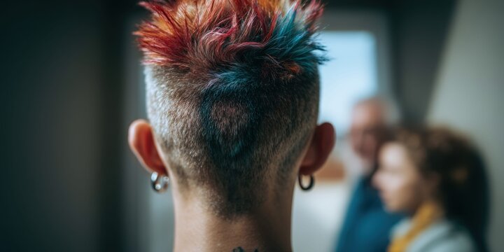 Close-up of a person's head with a vibrant mohawk hairstyle and ear piercings
