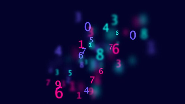 Dynamic numeric animation with scattered glowing digits in bokeh style, seamless looping