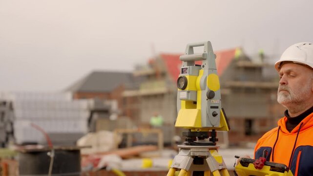Construction worker measures land using a leveling tool at a building site in the afternoon hours