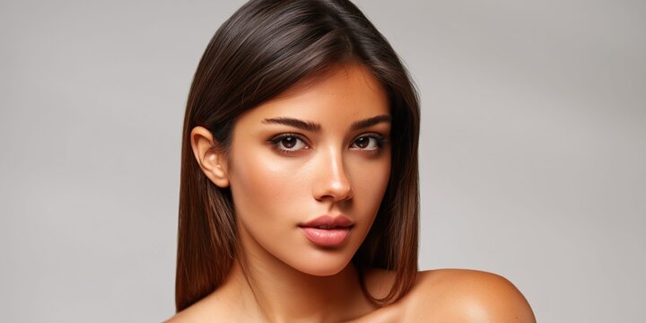 Elegant Turkish woman with flawless skin and dark hair, studio portrait