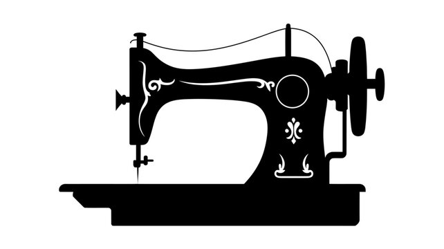 Sewing machine silhouette with decorative elements on white background