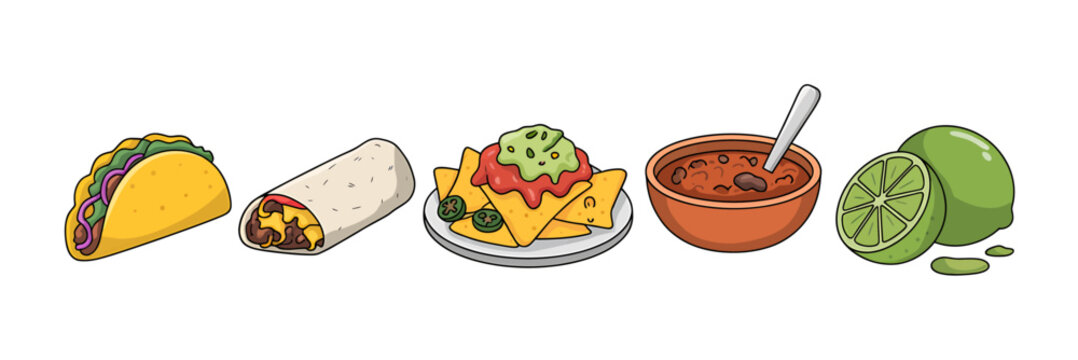 Colorful Mexican food icons including taco burrito nachos beans and lime