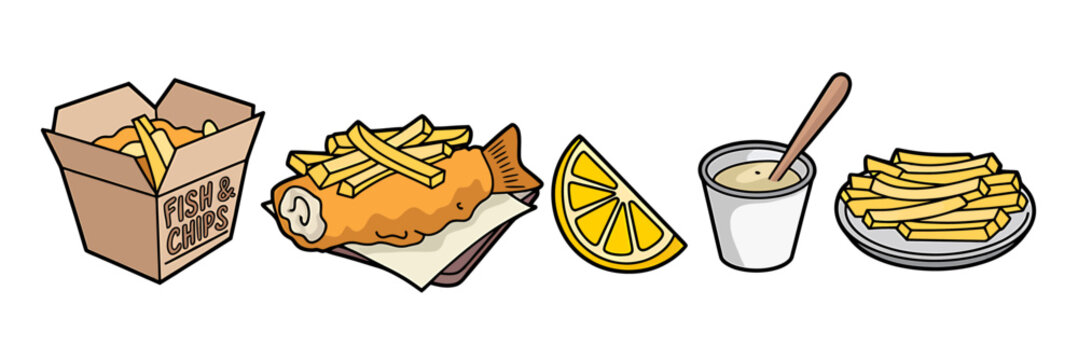 Cartoon illustration of various fish and chips food items on white background