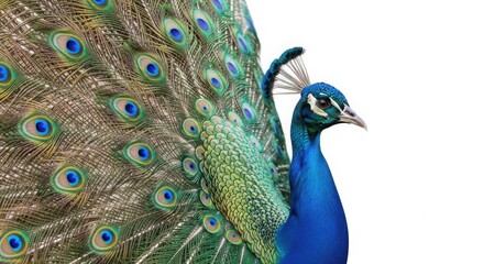 Obraz premium Majestic peacock with vibrant blue neck and green feathers, elegant male peafowl displaying colorful tail plumage, exotic bird profile isolated on White Background