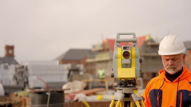 Surveyor uses total station to measure land and check elevation on a construction site during the day