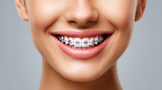 Woman's perfect smile with metal braces, showing straight white teeth and pink lips