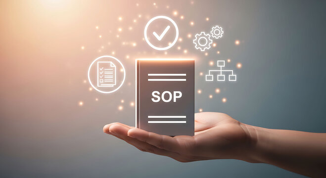 Hand holding SOP book with standard operating procedure business icons