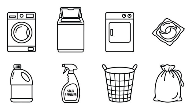 Home laundry appliance icons: washer, dryer, laundry pod, basket, stain remover, detergent bottle.