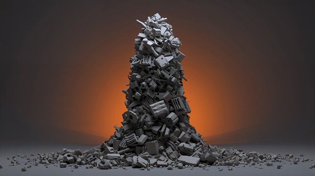 Industrial waste pile of discarded mechanical parts on dark background waste management concept