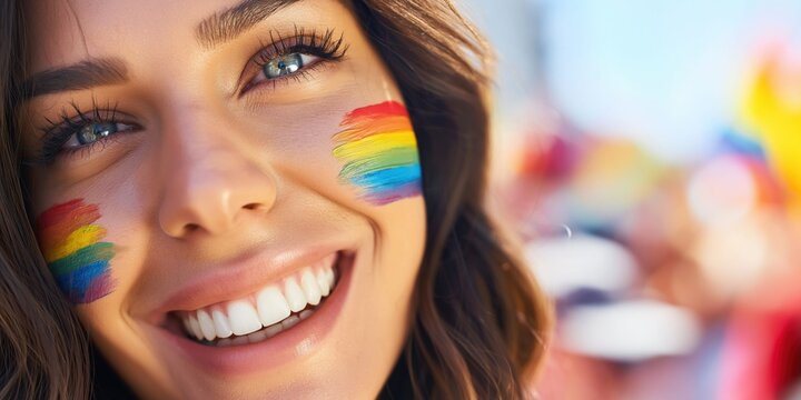 Close-up portrait of a smiling person with rainbow face paint at a pride event