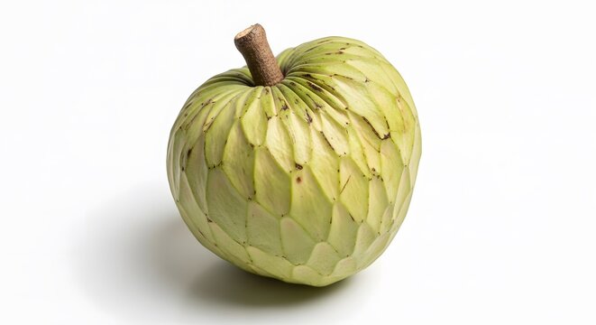 Whole fresh cherimoya fruit with stem isolated on white background