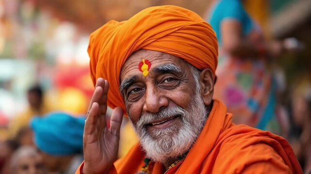 Elderly man in traditional orange attire and turban smiling