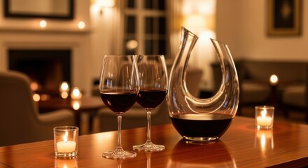Fototapeta premium Crystal wine glasses and decanter filled with red wine catching the ambient light on a polished table