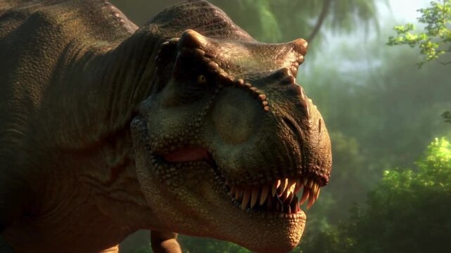 A close-up of a Tyrannosaurus Rex, with its head and part of its upper body clearly visible. Its skin is predominantly brown and cream, with the rough texture typical of ancient reptiles.