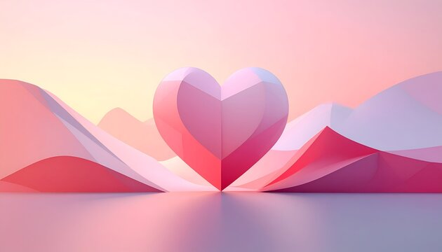 Geometric heart with faceted pink and purple hues against abstract, misty mountainscape at sunrise