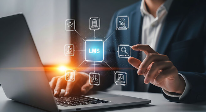 Businessman using laptop with LMS learning management system and AI education icons
