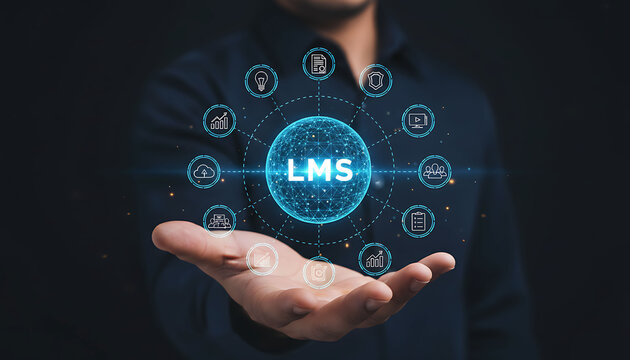 Learning Management System LMS concept with businessman holding digital icons