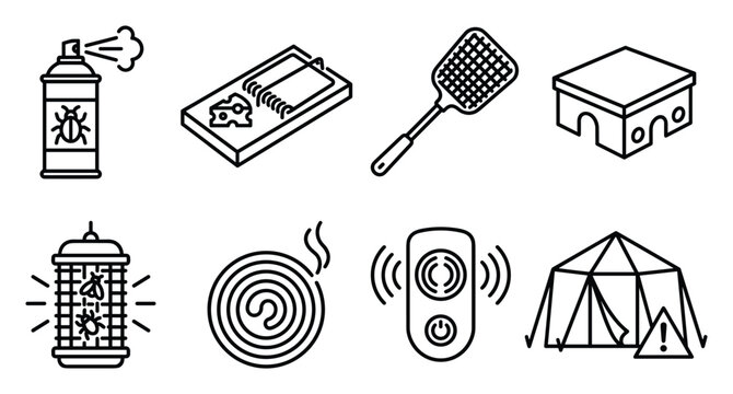 Pest control and insect repellent equipment and services for home and garden protection icons.