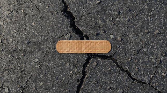 Adhesive bandage on cracked asphalt surface repair and maintenance concept