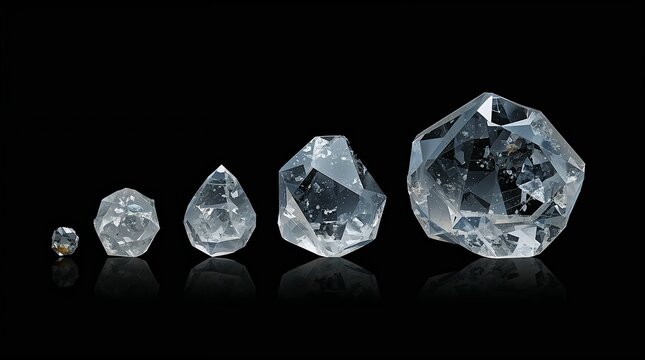 Transparent crystal growth stages showing progressive size evolution concept on dark background