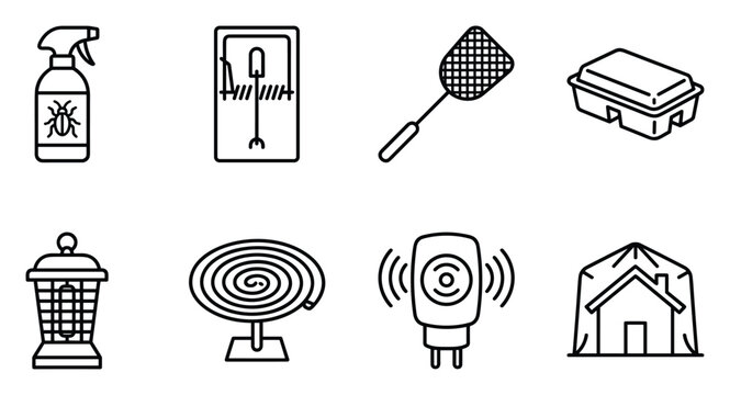 Pest control icons with spray trap fly swatter bait house mosquito coil ultrasonic repeller.