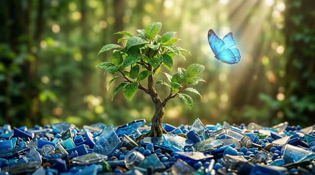 Tree Growing From Plastic Waste Environmental Conservation