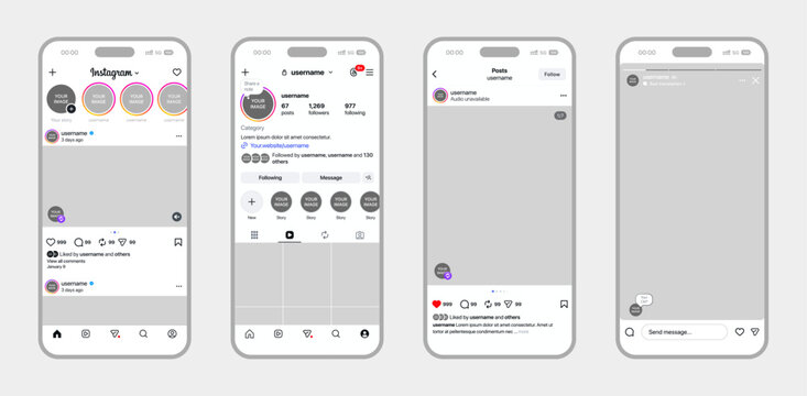 Instagram latest update mockup template with post, Story, Reels, grid size, and smartphone layout in dark and light mode, editable social media app design for modern mobile presentation.