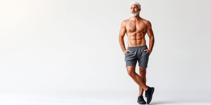 Muscular senior man with grey hair and beard showing abs in studio