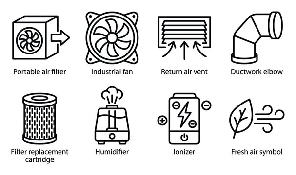 Set of air quality and ventilation related vector icons.