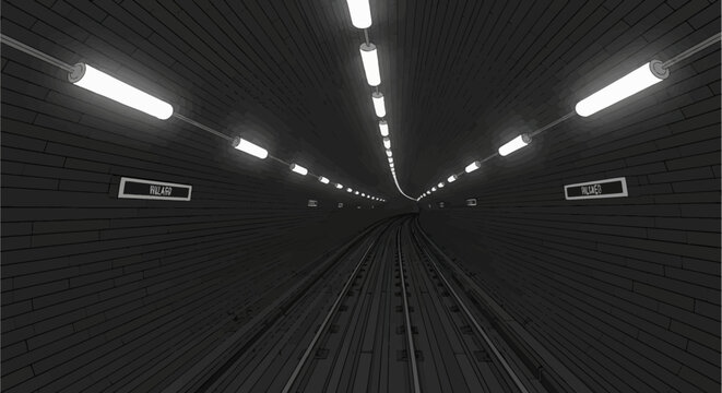 Grayscale vector illustration of an underground subway tunnel POV, featuring dark brick walls, rows of glowing ceiling lights, and metallic train tracks receding into a distant curve.