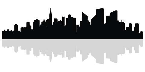Fototapeta premium Modern City Skyline with Skyscrapers, Urban Landscape Black Silhouette Vector illustration on white background.