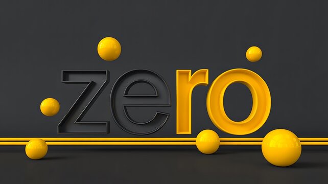 Zero text typography with yellow spheres on dark background representing null value minimal concept design