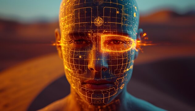 Human Face Blending Natural Sand Dunes and Luminous Grid Lines, Desert Technology and Smart Territory Mapping Concept