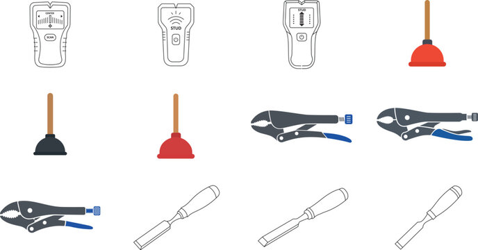 Comprehensive Collection of Professional Vector Icon Set Featuring Essential Home Repair Tools Construction Equipment Plumbing Plungers Carpentry Wood Chisels and Vise Grips for Quality Maintenance.