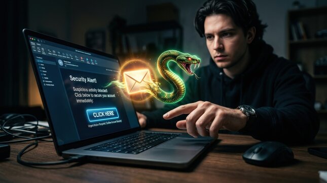 Symbolic glowing email icon turning into a serpent near man using laptop
