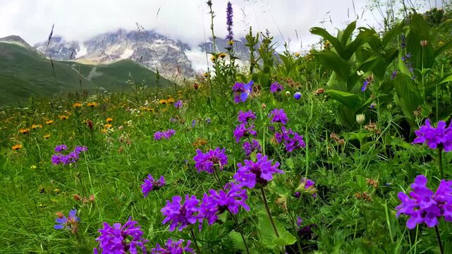 Beautiful purple alpine flowers blooming on majestic mountain meadow.
