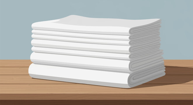 A stack of neatly folded white bed linens and cotton towels resting on a horizontal wooden table against a plain light blue background in a clean and organized indoor setting.
