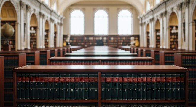 Interior view of a grand library with rows of books on shelves and long study tables.