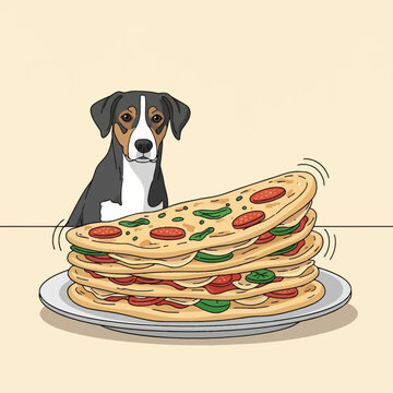 Vector illustration of a dog with black, white, and tan markings looking at a tall stack of wobbling flatbreads topped with pepperoni and green herbs on a white ceramic plate.
