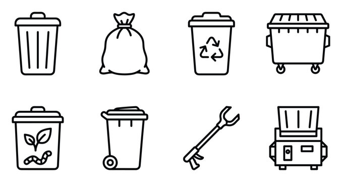 Trash and recycling bins, garbage bags, compactor, grabber tool, waste management icons.