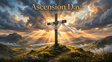 Christian cross on hilltop with ascension day text and sunbeams, cross on hill