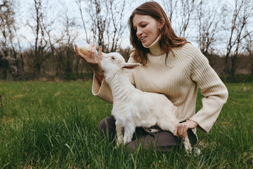 Naklejka premium A woman sits in a grassy field feeding a young goat, enjoying a calm countryside moment with a playful bond, outdoor life and natural light