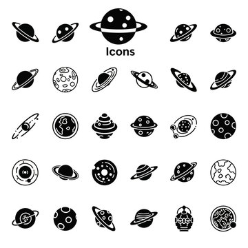 Black and white planet icons set.