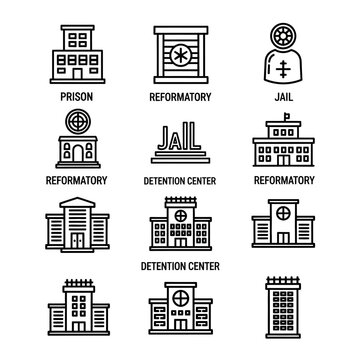 Black and white prison buildings icons.