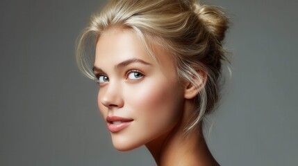 Fototapeta premium Beautiful young woman with blonde hair and blue eyes, looking at the camera with a gentle smile