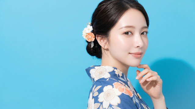 鮮やかなブルー背景の前で、花柄の青い浴衣と可憐な髪飾りをまとい、やさしく微笑みながら振り返る若い女性の和風ビューティーポートレート。夏祭り、和装、観光、伝統文化、美容、季節キャンペーン、旅行プロモーションなど幅広い広告用途に使いやすい、爽やかで上品な印象の人物イメージ素材